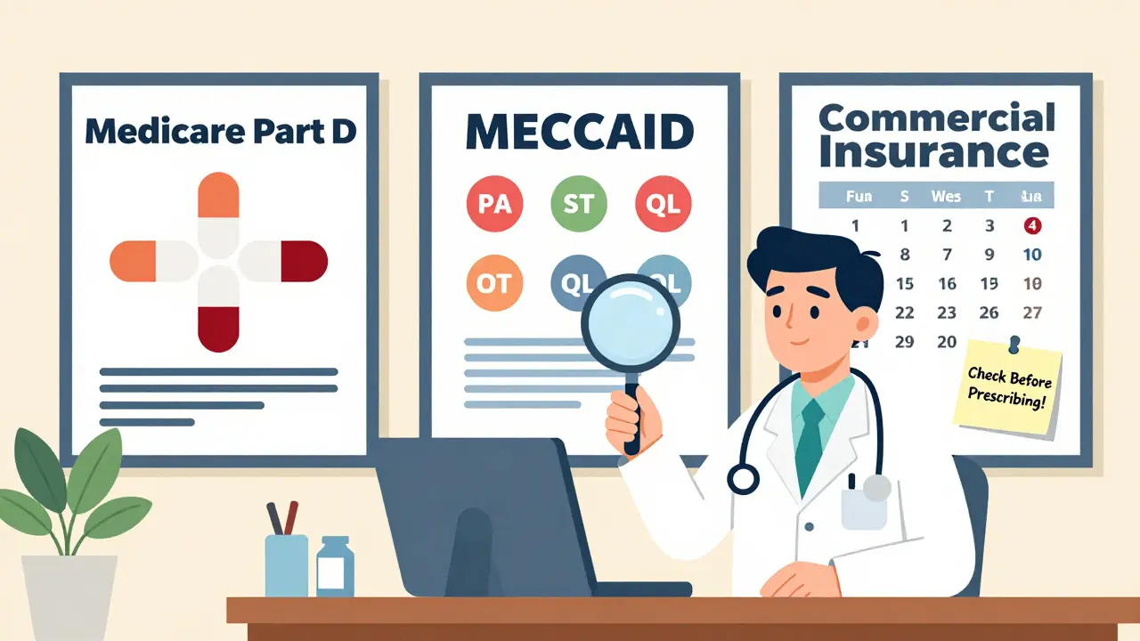 Pared con carteles de seguros médicos y símbolos PA, ST, QL, junto a calendario de actualizaciones trimestrales.