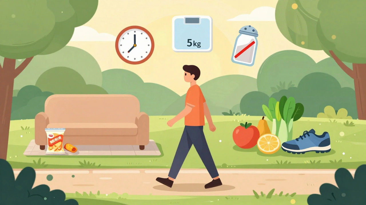 Persona caminando en un parque con iconos de hábitos saludables y una ruta que rechaza alimentos procesados.