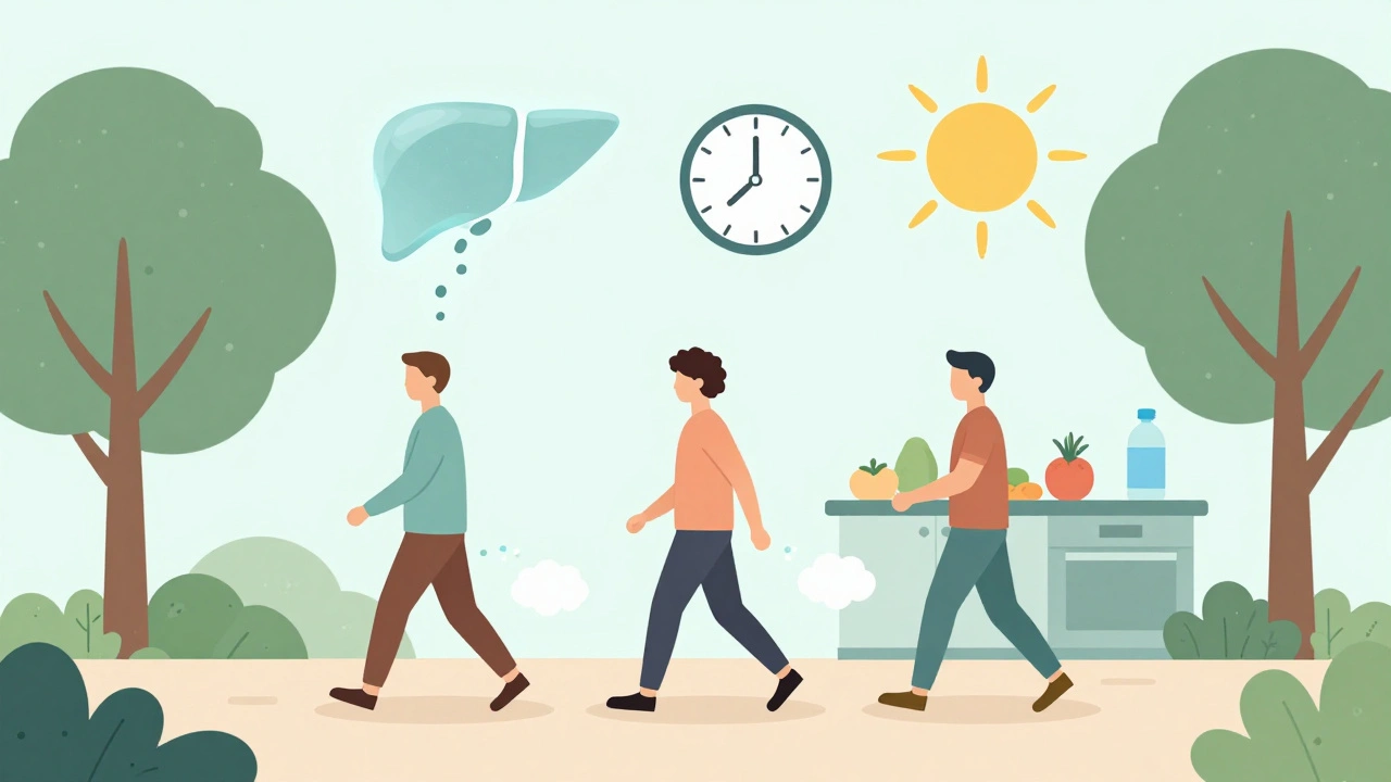 Persona caminando mientras la grasa del hígado se disipa, con alimentos saludables y un reloj que marca 30 minutos diarios.