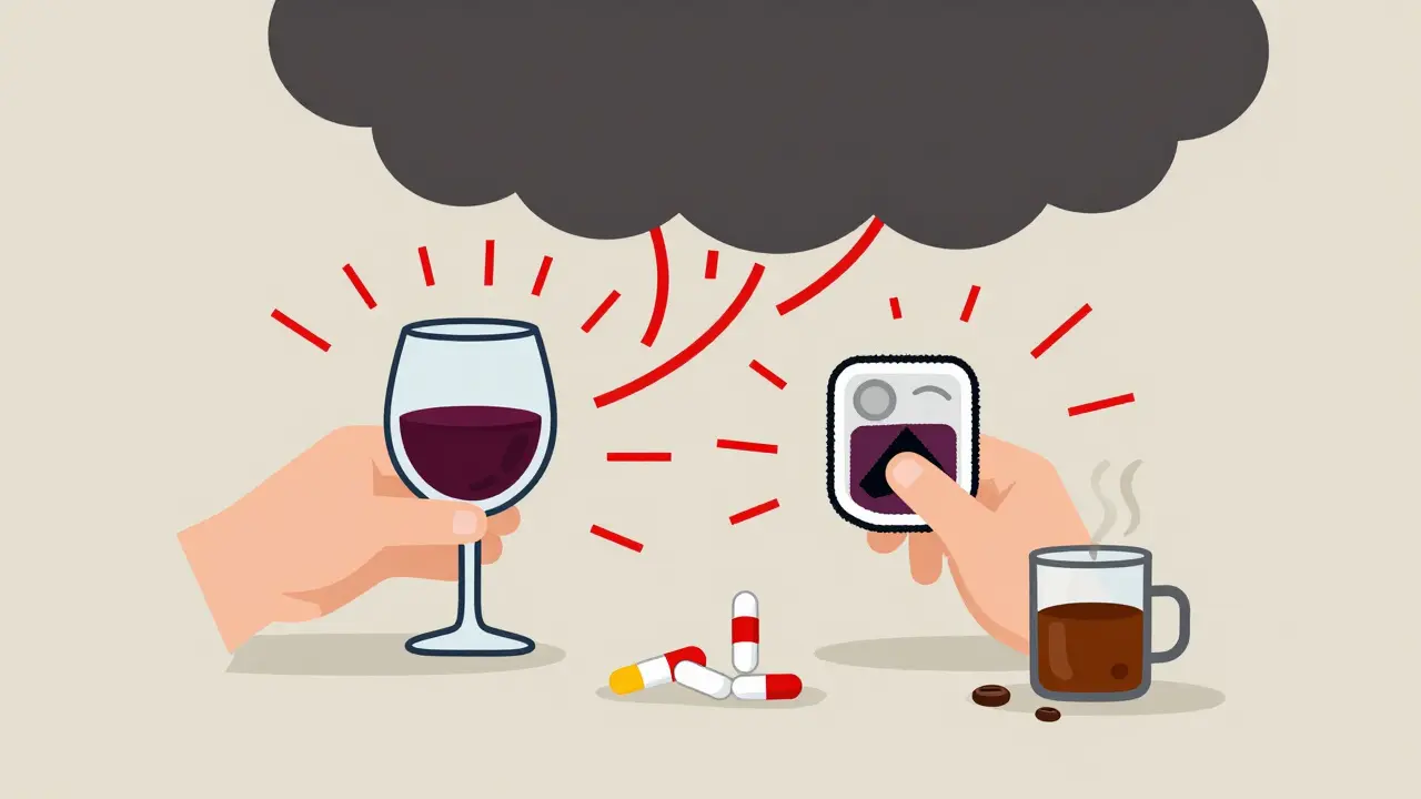 Persona combinando parche de escopolamina con vino y medicamentos, con advertencias visuales de riesgo.