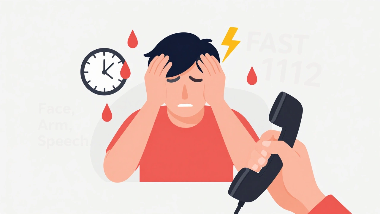 Persona con dolor de cabeza repentino y mano llamando al 112, con símbolo de relámpago y acronym FAST en fondo.