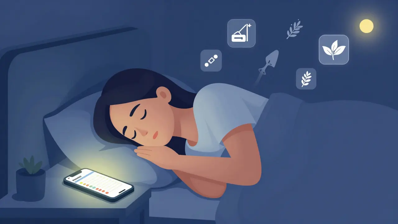 Persona durmiendo con un teléfono que muestra un registro actualizado de medicamentos, símbolos de errores desapareciendo.