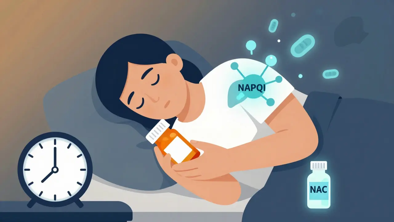 Persona durmiendo con una molécula tóxica emergiendo de su hígado, mientras una vial de NAC brilla en la mesita de noche.