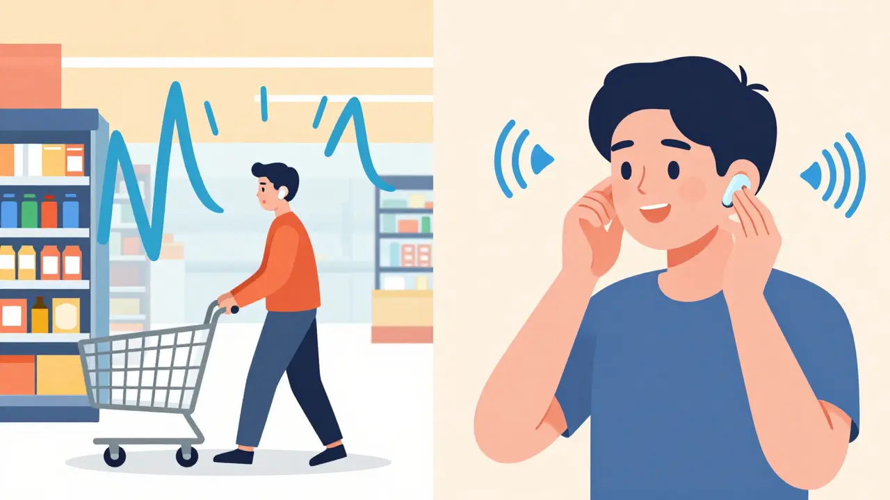 Persona en supermercado ruidoso y luego en casa con ajuste automático de audífonos.