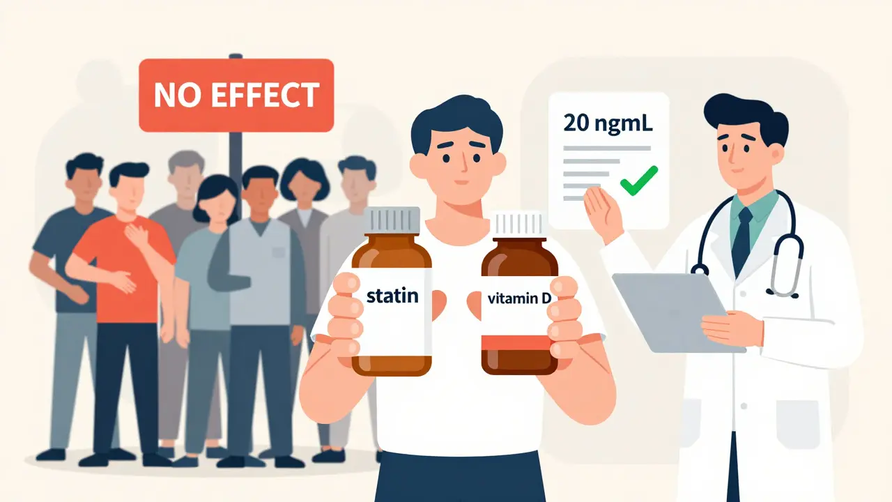 Persona entre dos grupos: uno dice que la vitamina D no alivia dolores musculares, otro muestra niveles saludables.
