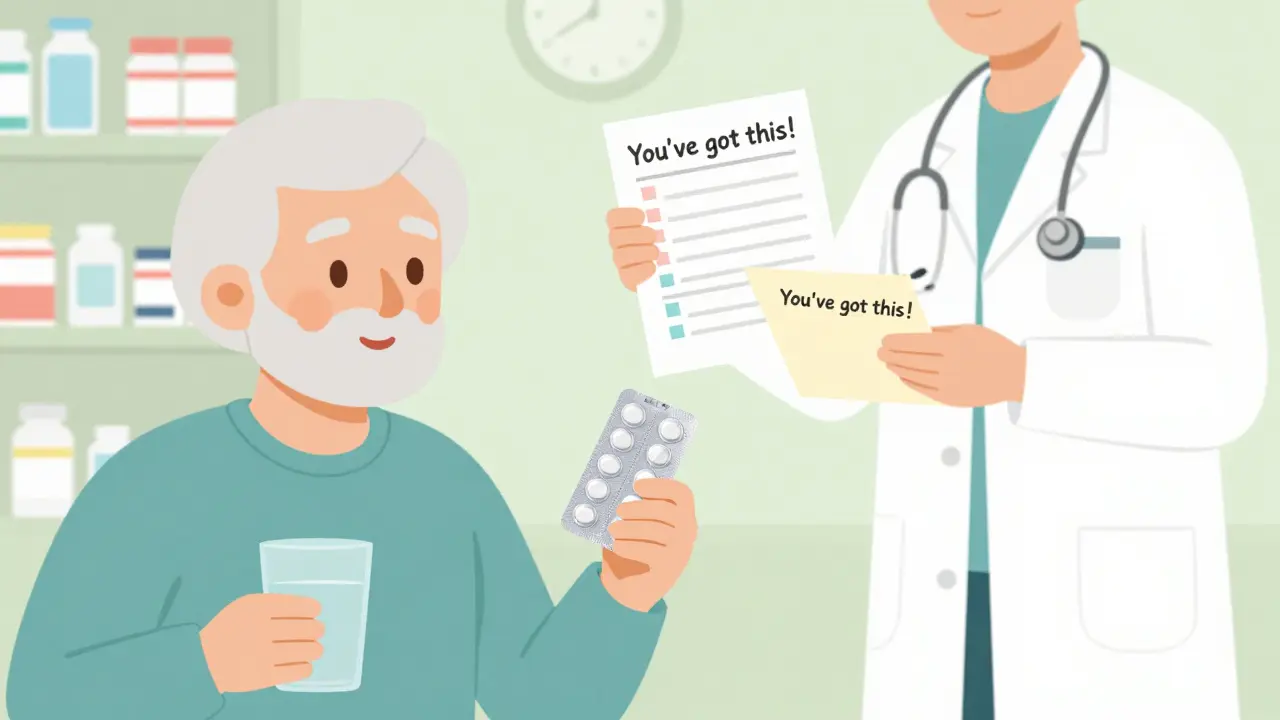 Persona mayor tomando una pastilla de un empaque blister con ayuda del farmacéutico.