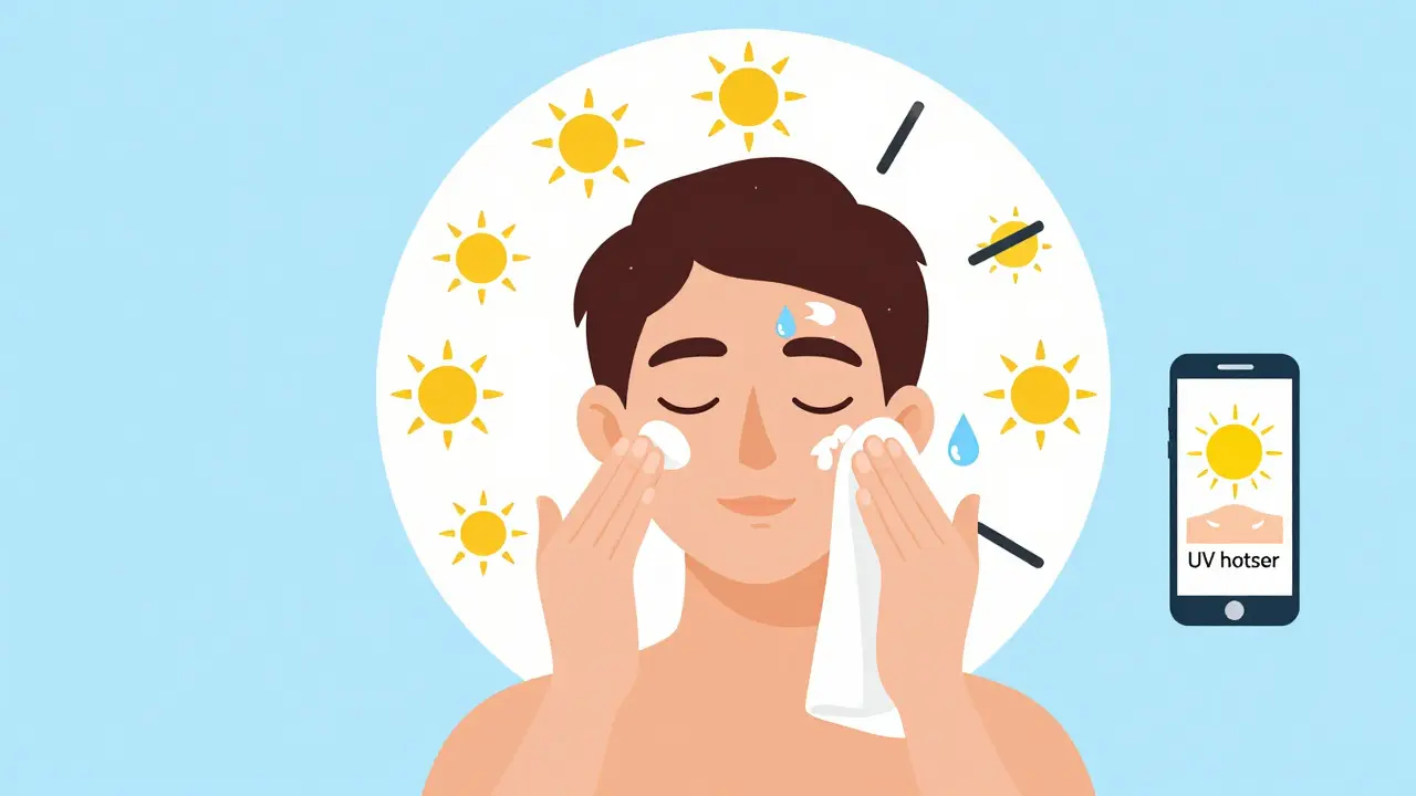 Persona reaplica protector solar cada dos horas, con símbolos de sudor, agua y reloj.