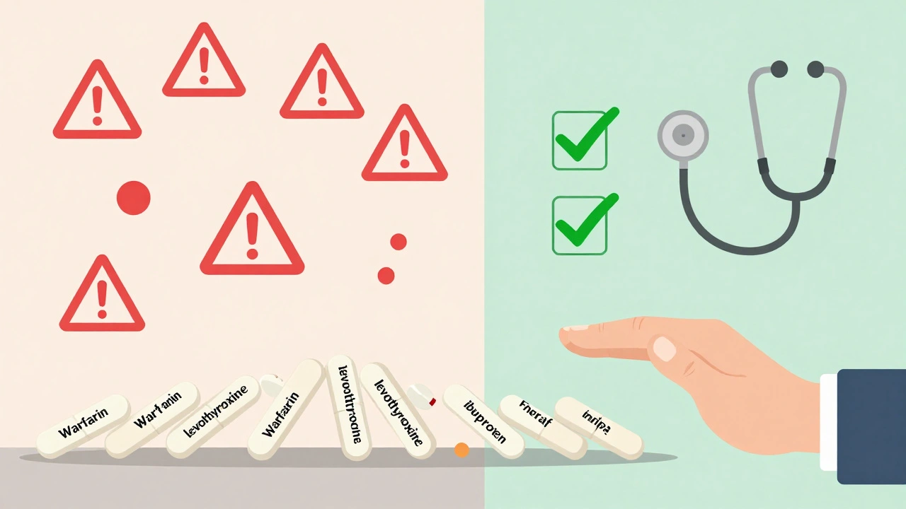 Píldoras cayendo como dominós, un anciano intenta detener una cadena de efectos adversos por medicamentos.