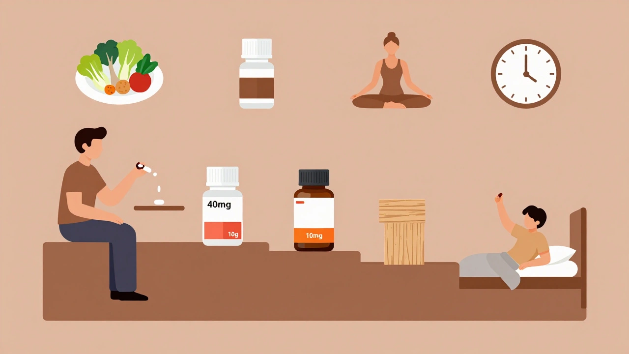 Proceso gradual de dejar los PPIs con hábitos saludables como alimentación y elevación de la cama.