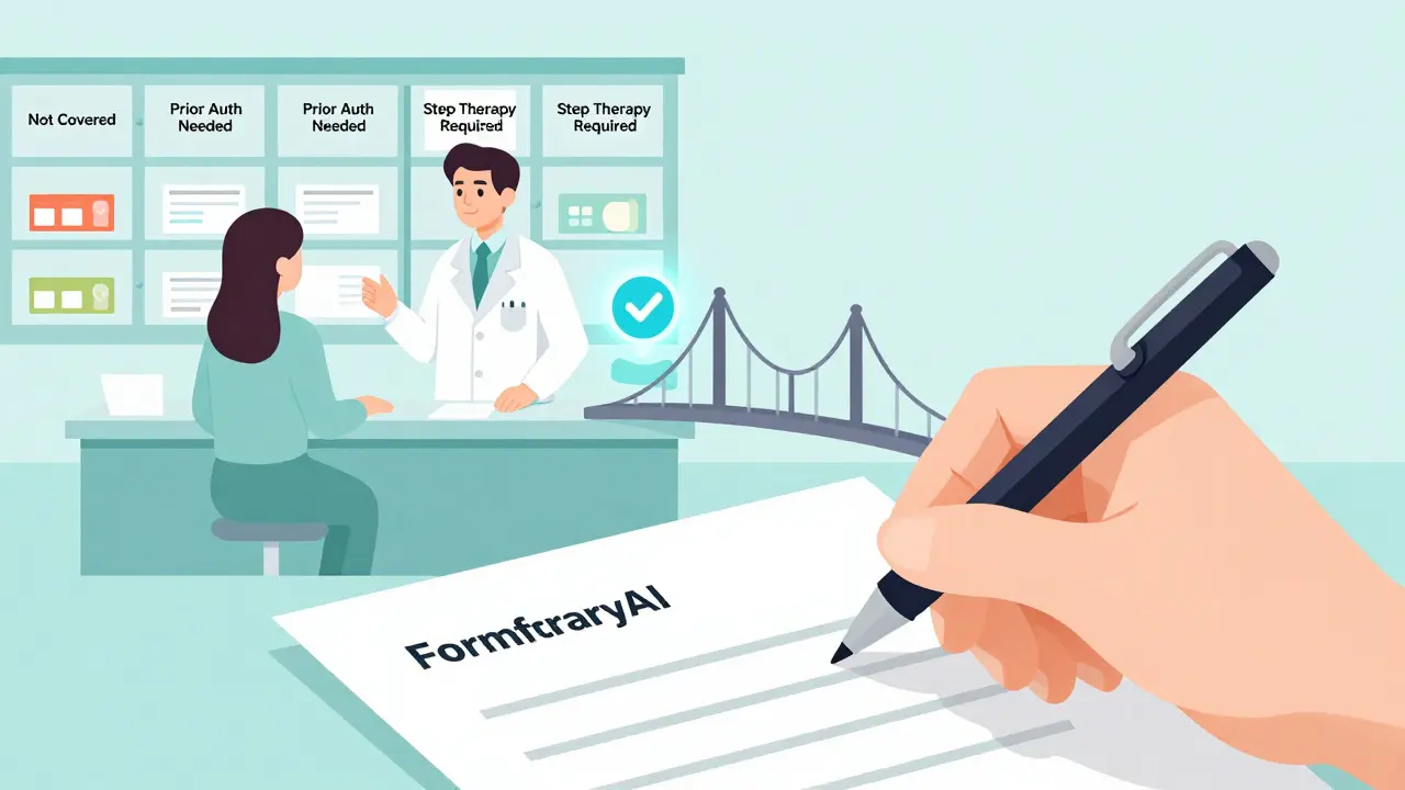 Receta que se convierte en puente hacia farmacia con medicamentos bloqueados y símbolo de IA ayudando.