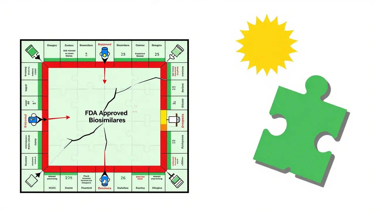 76 piezas de biosimilares encajan en un tablero roto de biológicos de marca, con sol naciente y colores esperanzadores.