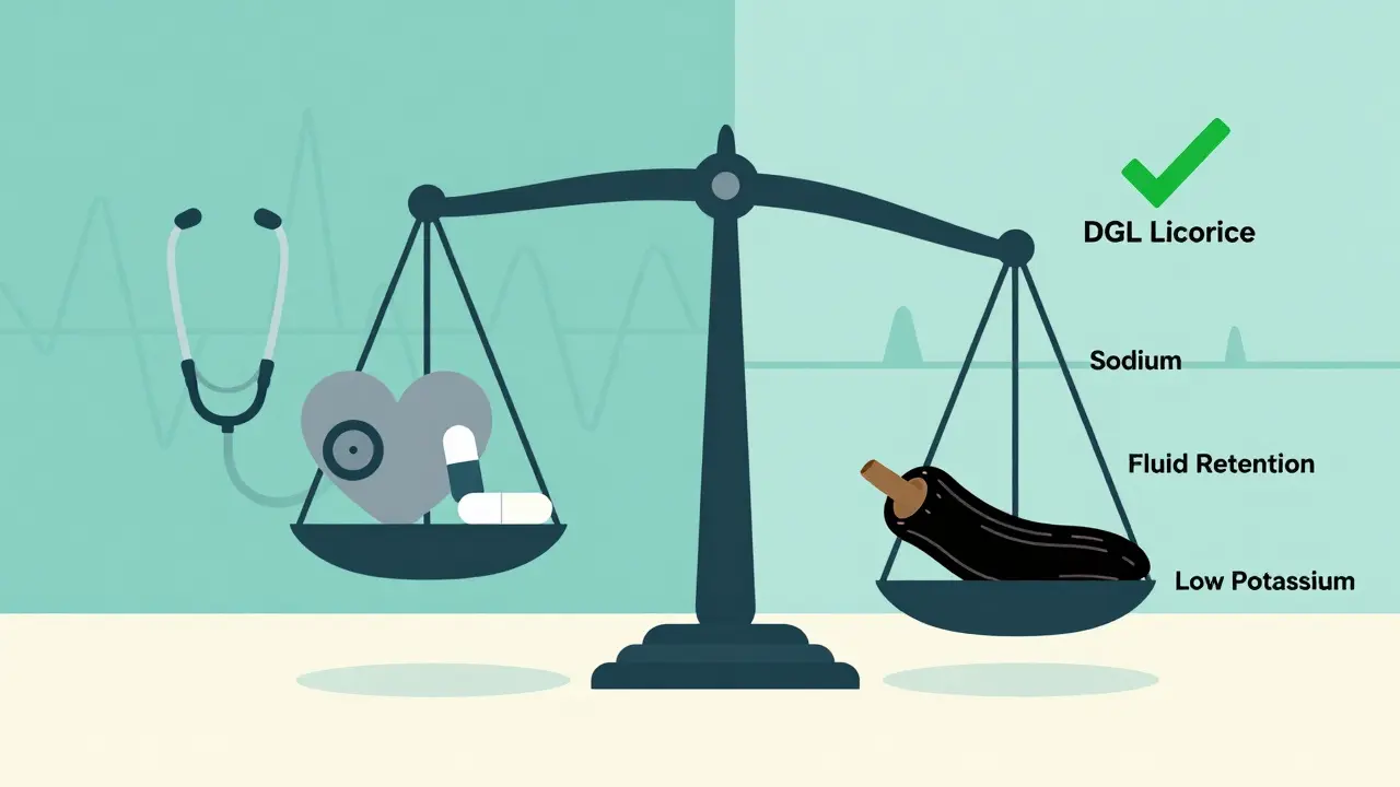 Balanza que compara efectos del regaliz normal con regaliz desglicirrizinado seguro.