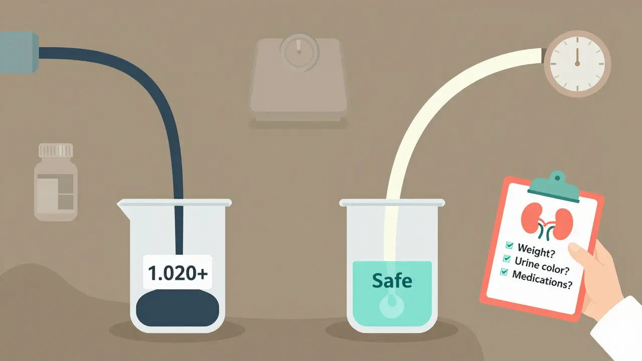 Comparación de orina oscura y clara junto a un médico con checklist de hidratación y medicamentos.
