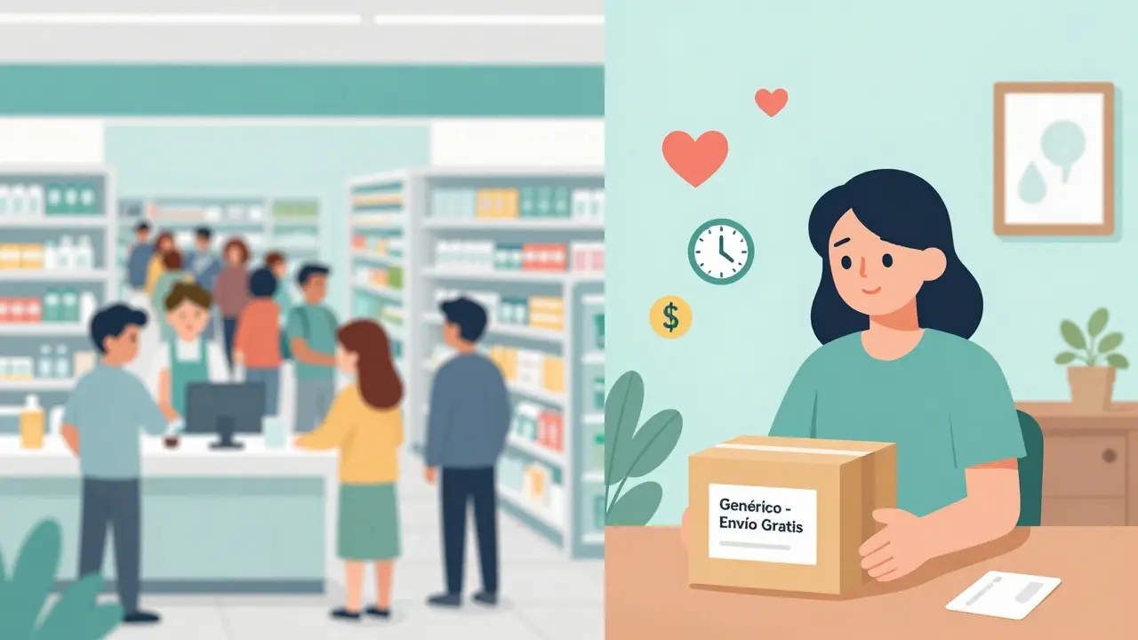 Comparación entre una farmacia con cola y una entrega en casa sin estrés.