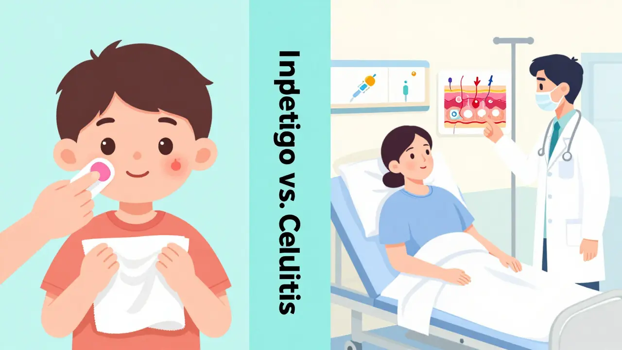 Comparación ilustrada de tratamiento tópico para impétigo y antibiótico IV para celulitis.