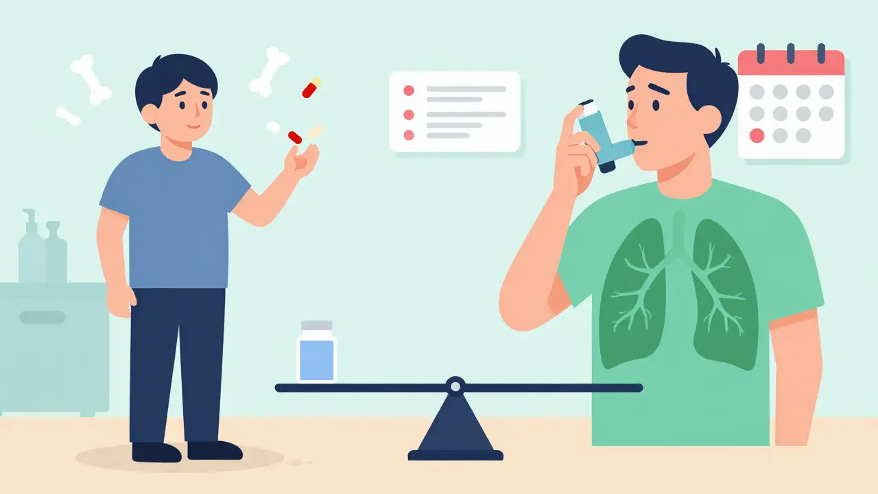 Comparación visual entre medicamentos orales con efectos secundarios y inhaladores con menos efectos adversos.