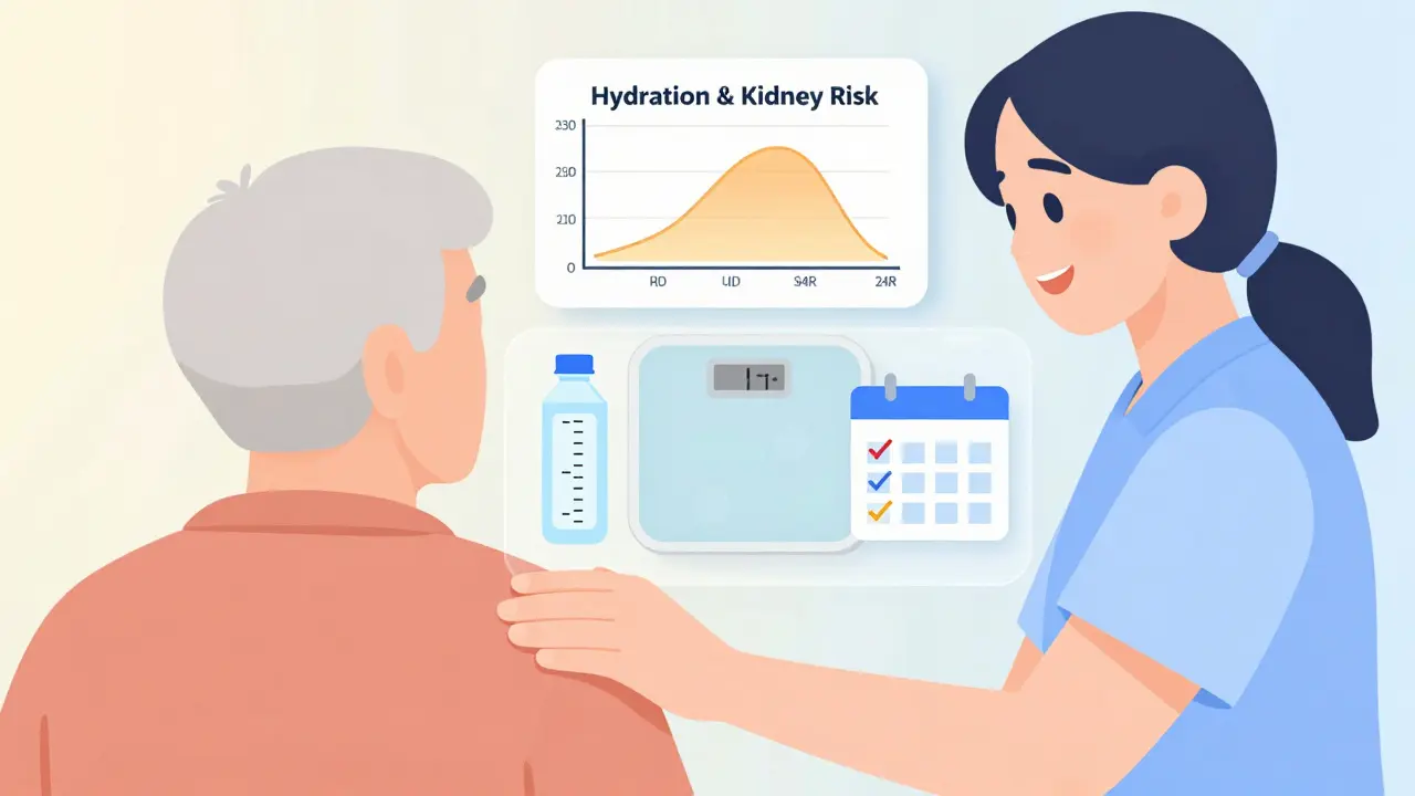 Cuidador y adulto mayor sonríen mientras flotan iconos de hidratación, peso y seguimiento diario.