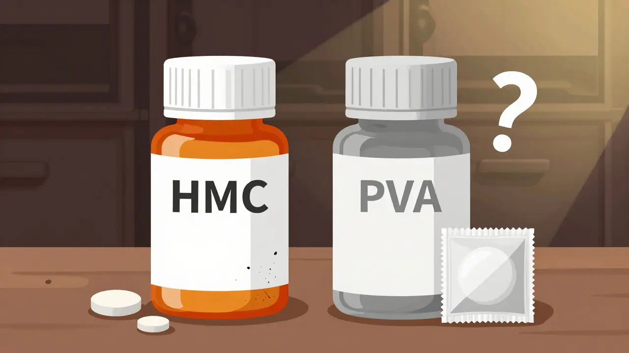Dos botellas de pastillas comparadas: una dañada y otra protegida con desecante.