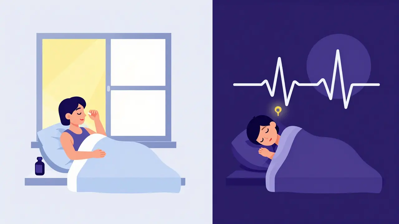 Escena dividida: persona toma melatonina por la mañana y duerme por la noche, con ondas circadianas suaves.