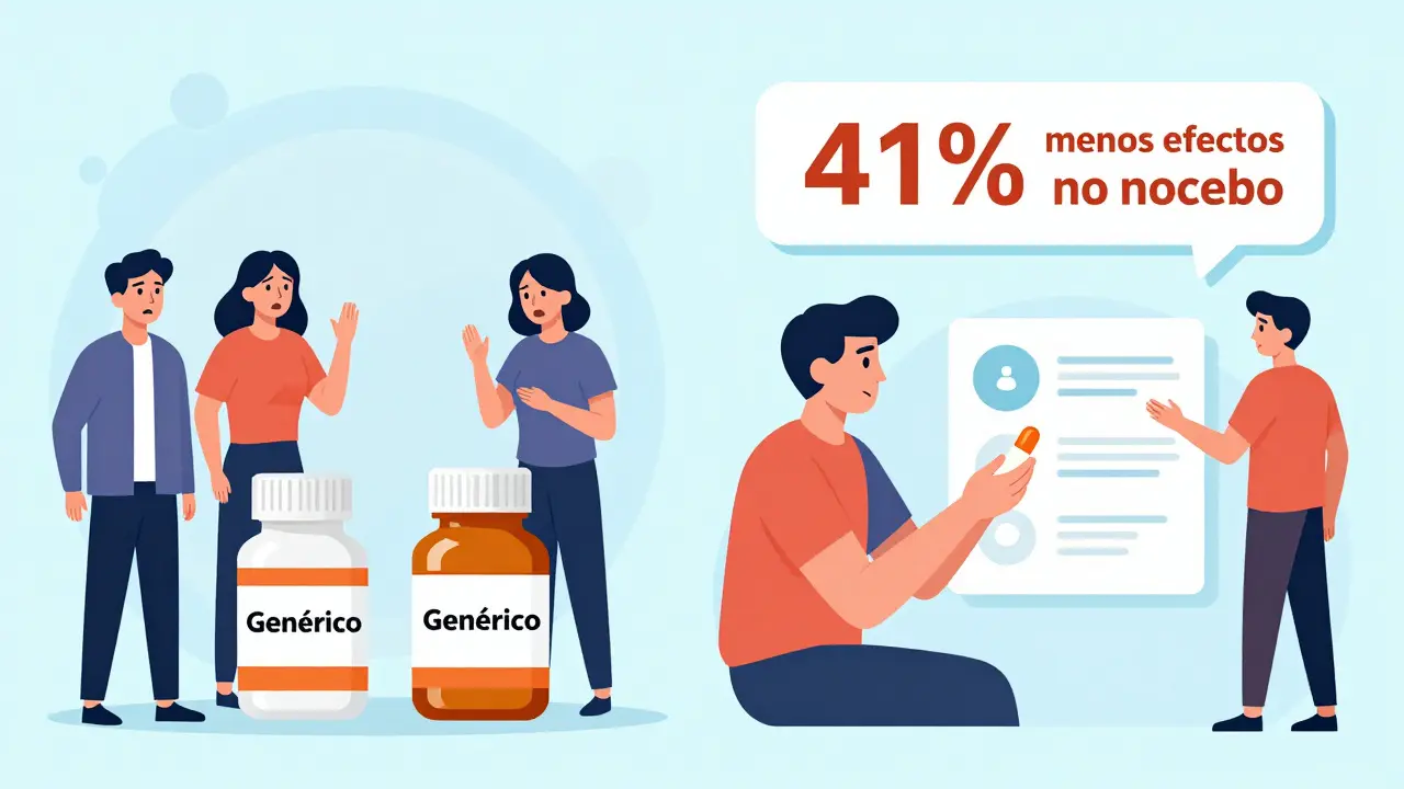 Escena dividida: personas temiendo genéricos vs. personas confiadas tras recibir información clara, con un indicador de reducción de efectos negativos.