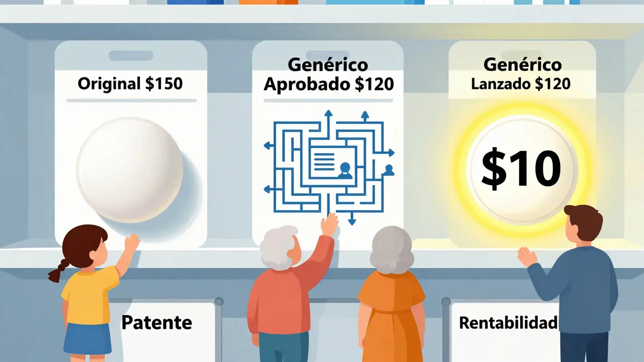 Estantería de farmacia con medicamentos de distintos precios y barreras legales.