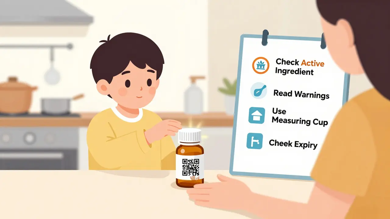 Familia en cocina evitando el uso de medicamento sin etiqueta, con checklist de seguridad visual.