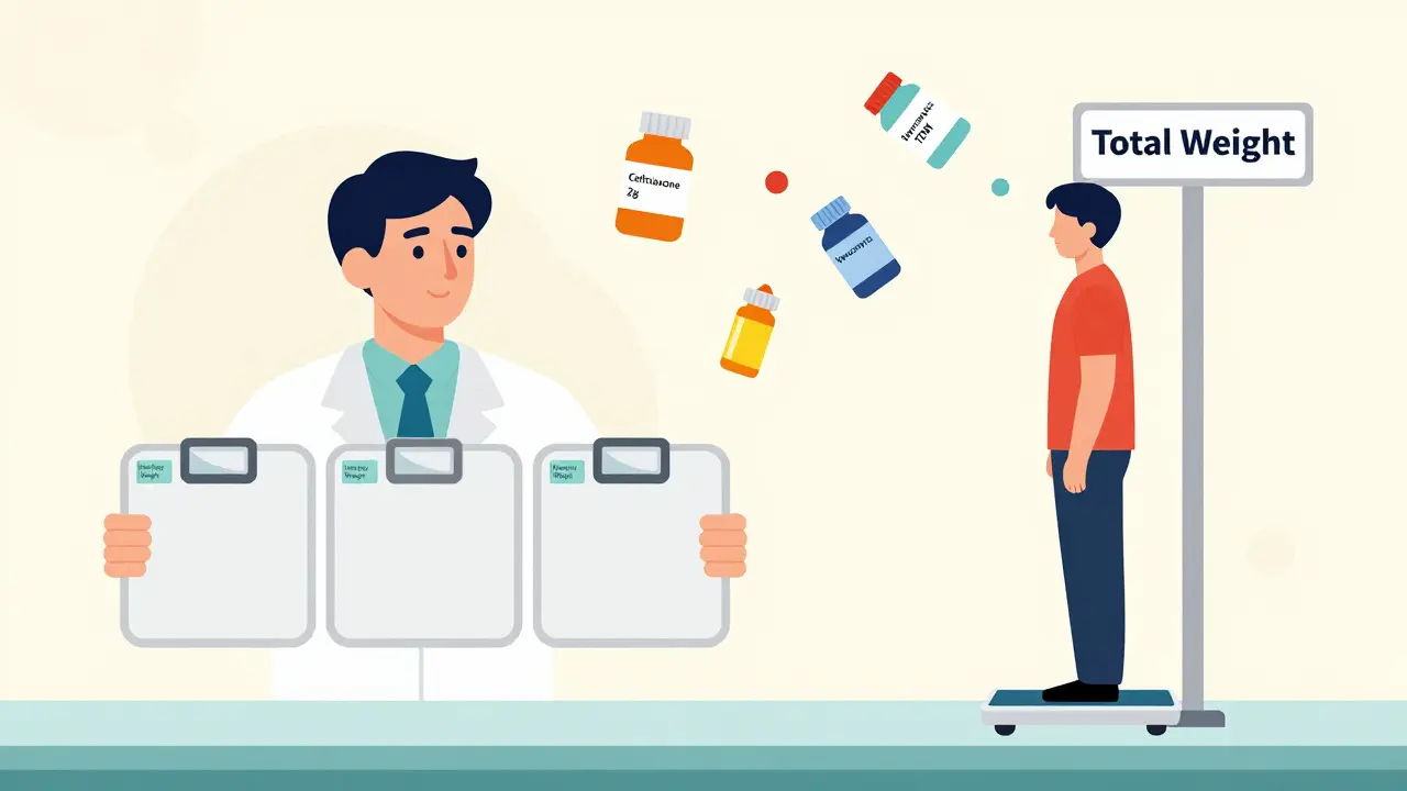 Farmacéutico con tres escalas de peso y botellas de medicamentos flotantes, ignorando el peso total.