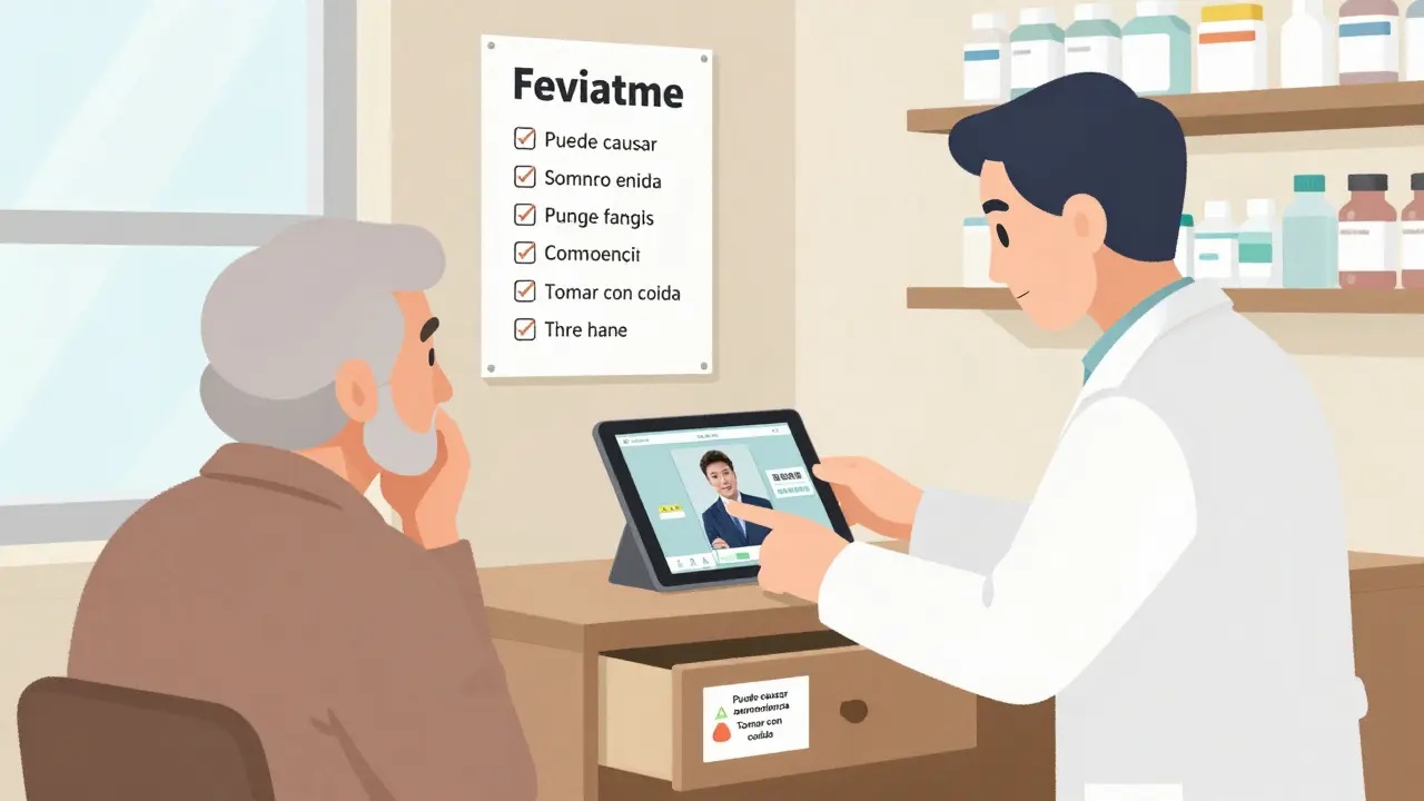 Farmacéutico explica medicación con intérprete en video a paciente mayor, etiquetas traducidas visibles en botellas.