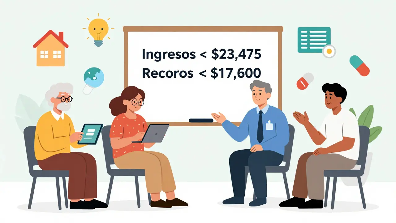 Grupo de personas mayores en centro comunitario recibiendo ayuda para aplicar a Extra Help.