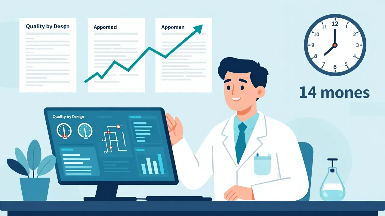Ingeniero observando un panel de control QbD mientras un inspector de la FDA aprueba el proceso, con un reloj que muestra reducción de tiempo de aprobación.