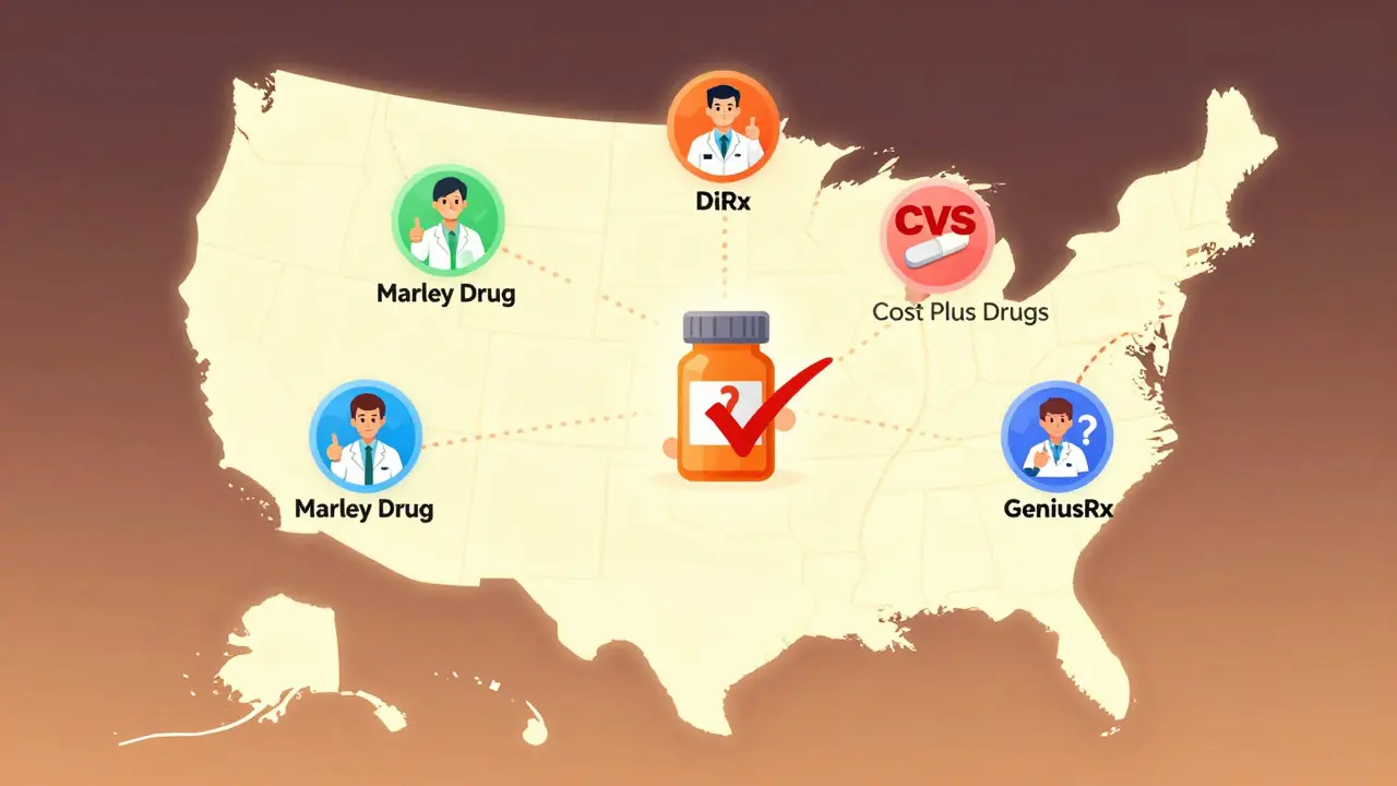 Mapa de EE.UU. con farmacias en línea confiables y farmacéuticos ayudando.