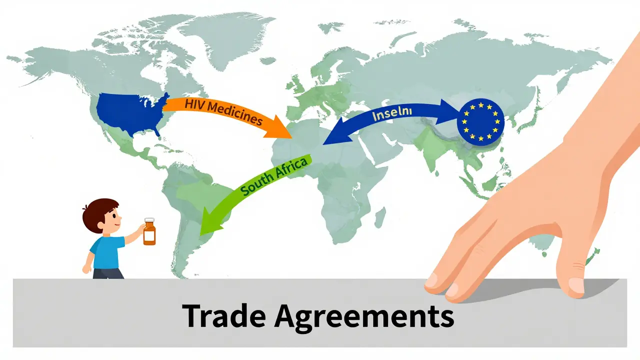 Mapa global con leyes de patentes bloqueando el acceso a medicamentos esenciales en países de bajos ingresos.