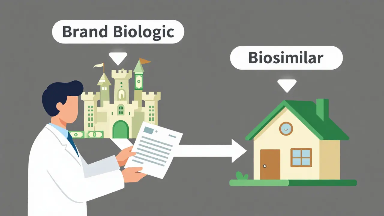 Médico entrega receta; un camino lleva a un castillo caro, el otro a una casa asequible para el paciente.