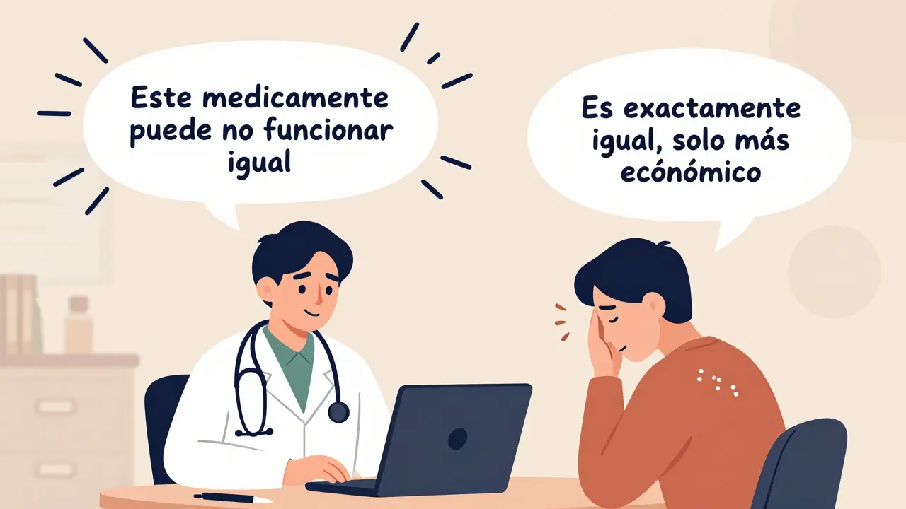 Médico y paciente en consulta, con burbujas de diálogo que muestran cómo el lenguaje afecta la percepción del medicamento.