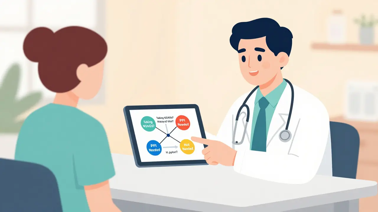 Médico y paciente revisando un algoritmo de decisión para prescribir inhibidores de bomba de protones.