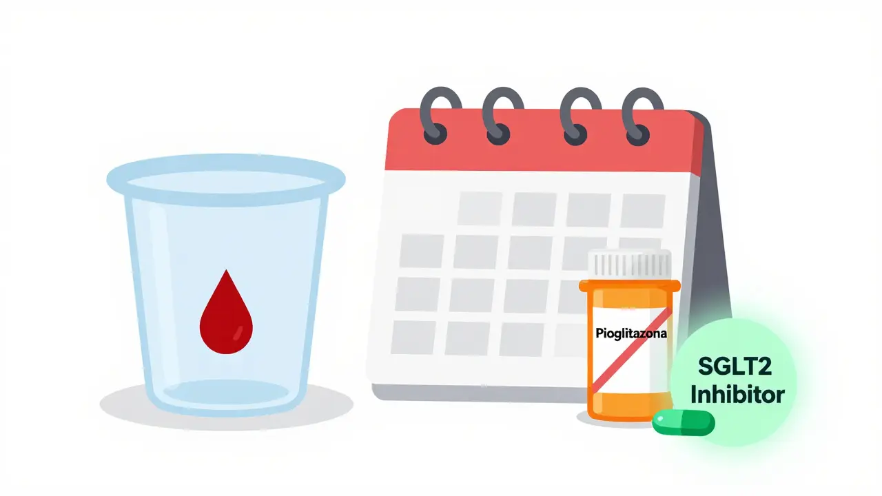 Muestra de orina con sangre junto a una píldora prohibida y una alternativa más segura en el fondo.