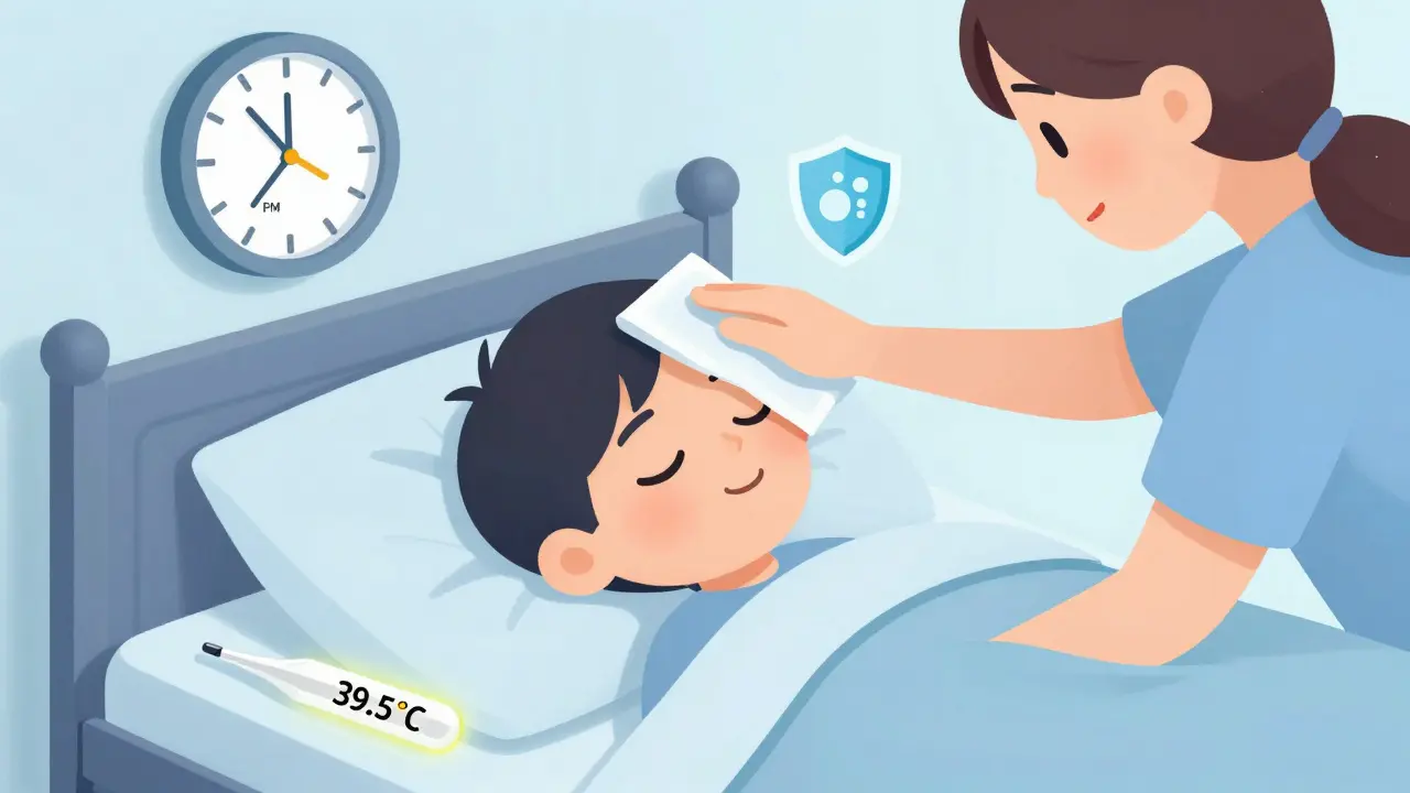 Niño duerme con fiebre alta, padre le pone una toallita fría; reloj indica que ya pasaron 4 horas.