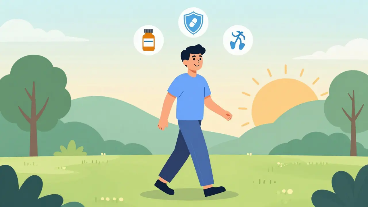 Paciente caminando con símbolos de tratamiento: pastilla, escudo y cirugía, bajo un sol naciente.