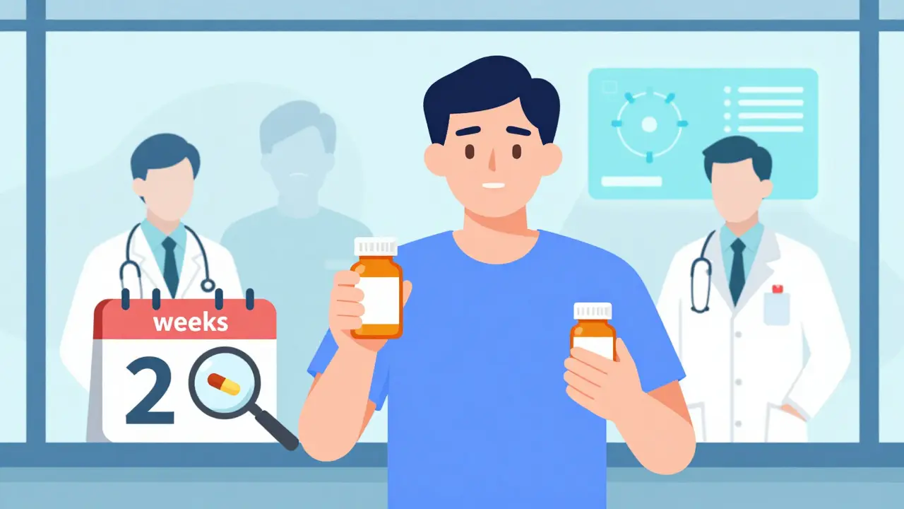 Paciente compara botellas de medicamentos antiguas y nuevas junto a un calendario y lupa.