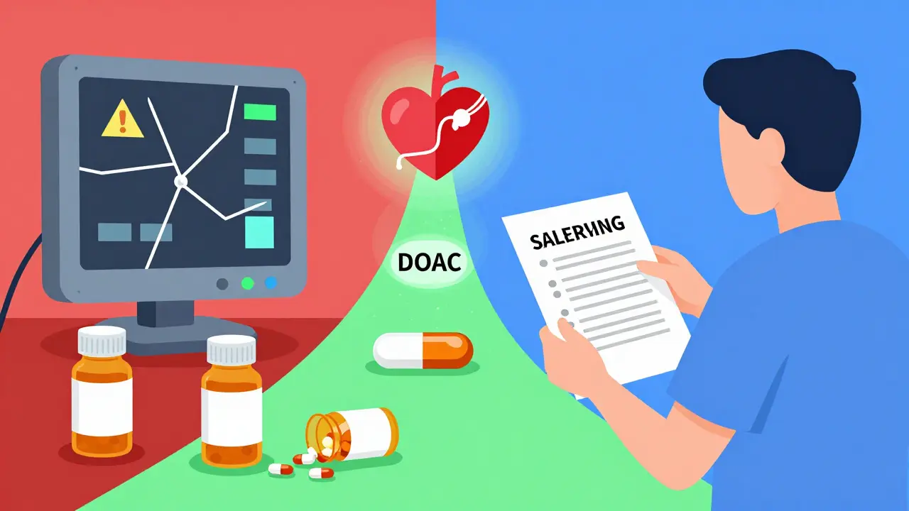 Paciente con lista de medicamentos junto a un monitor roto y alternativas seguras ilustradas.