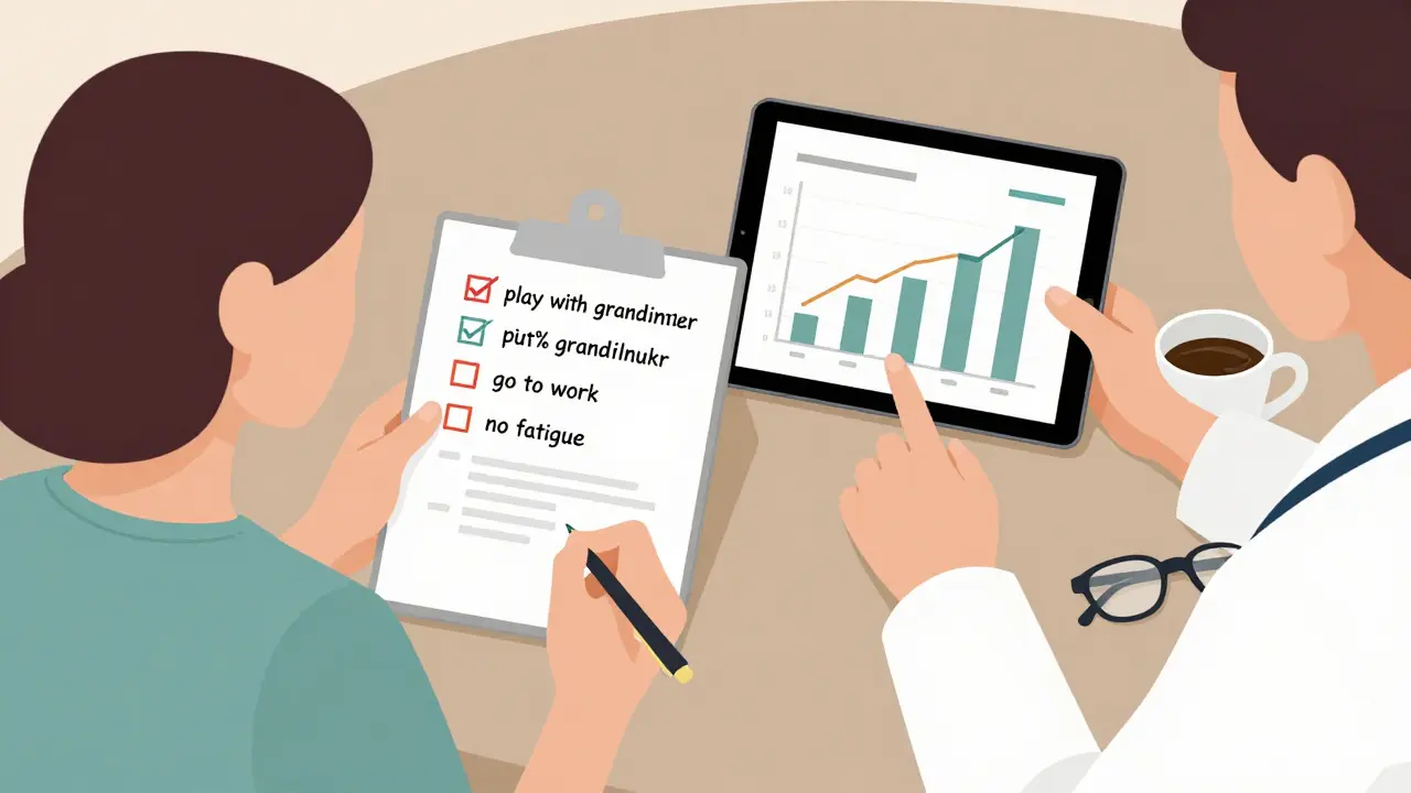 Paciente con lista personal y médico mostrando gráficos simples de riesgos medicamentosos.