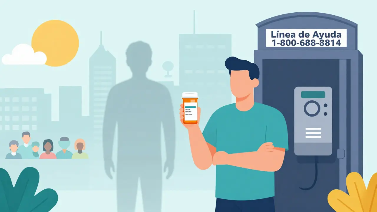 Paciente con receta traducida junto a línea de ayuda, fondo con símbolos de comunidades diversas y sol naciente.