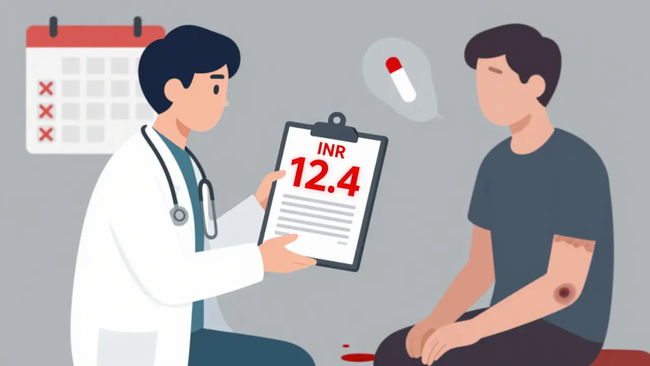 Paciente con signos de sangrado y un INR extremadamente alto en un entorno hospitalario.