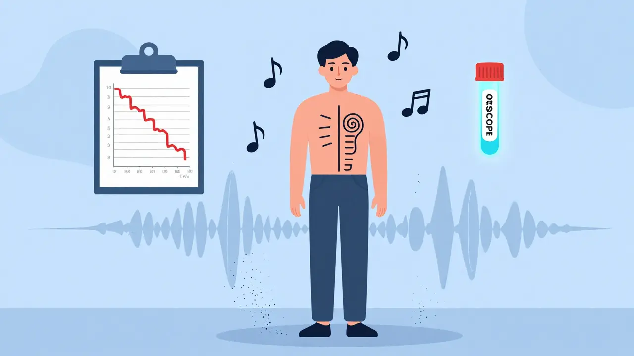 Paciente inestable rodeado de sonidos que se desmoronan, con gráficos de audición y prueba genética al fondo.