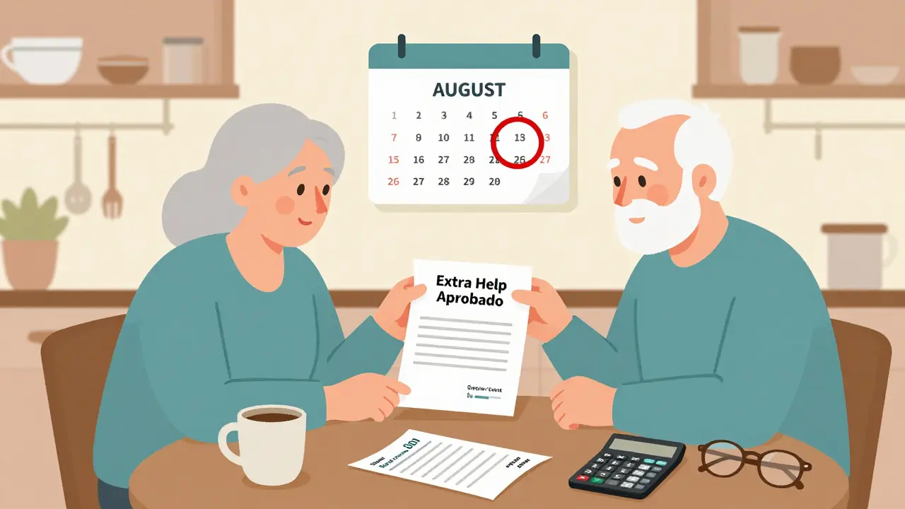 Pareja mayor revisando carta de aprobación de Extra Help en la cocina, calendario con agosto marcado.