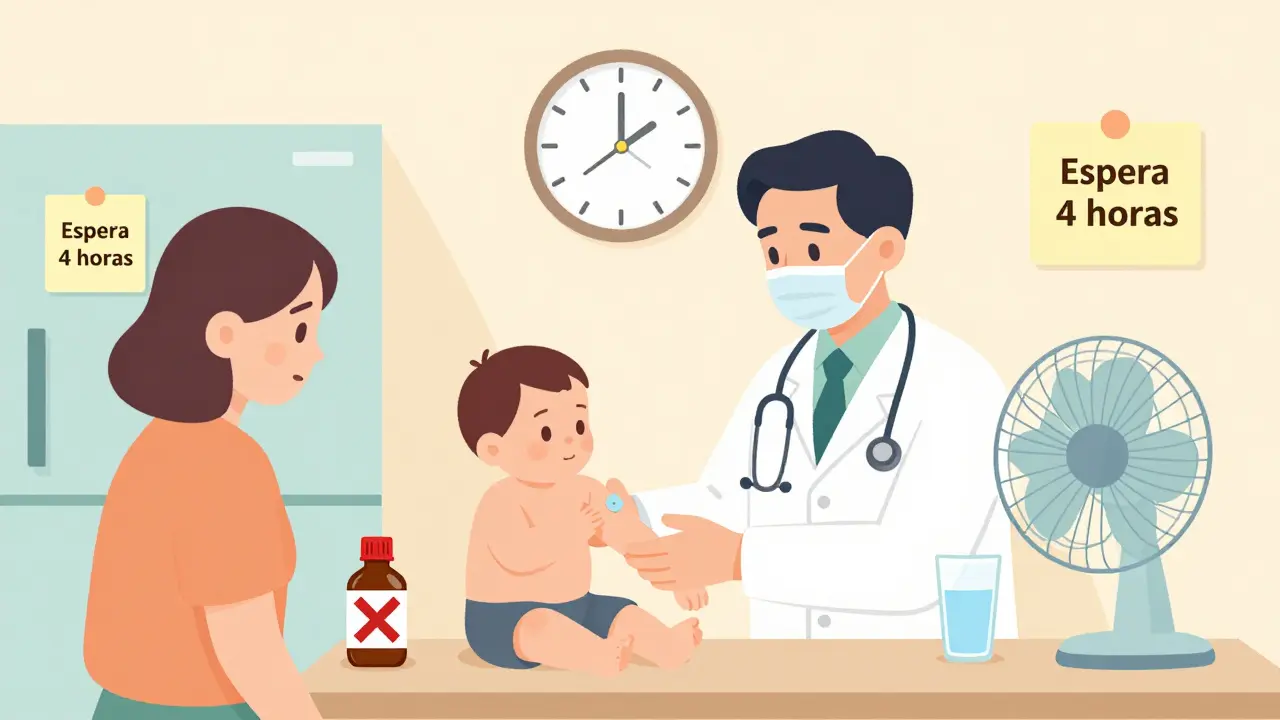 Pediatra vacuna a un bebé en la clínica; padre observa con preocupación y reloj marca espera de 4 horas.