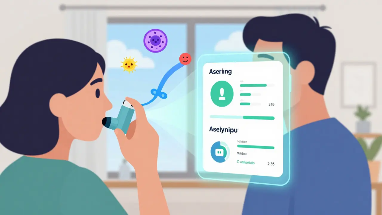 Persona con inhalador inteligente conectado a una interfaz digital que muestra análisis personalizados de asma.