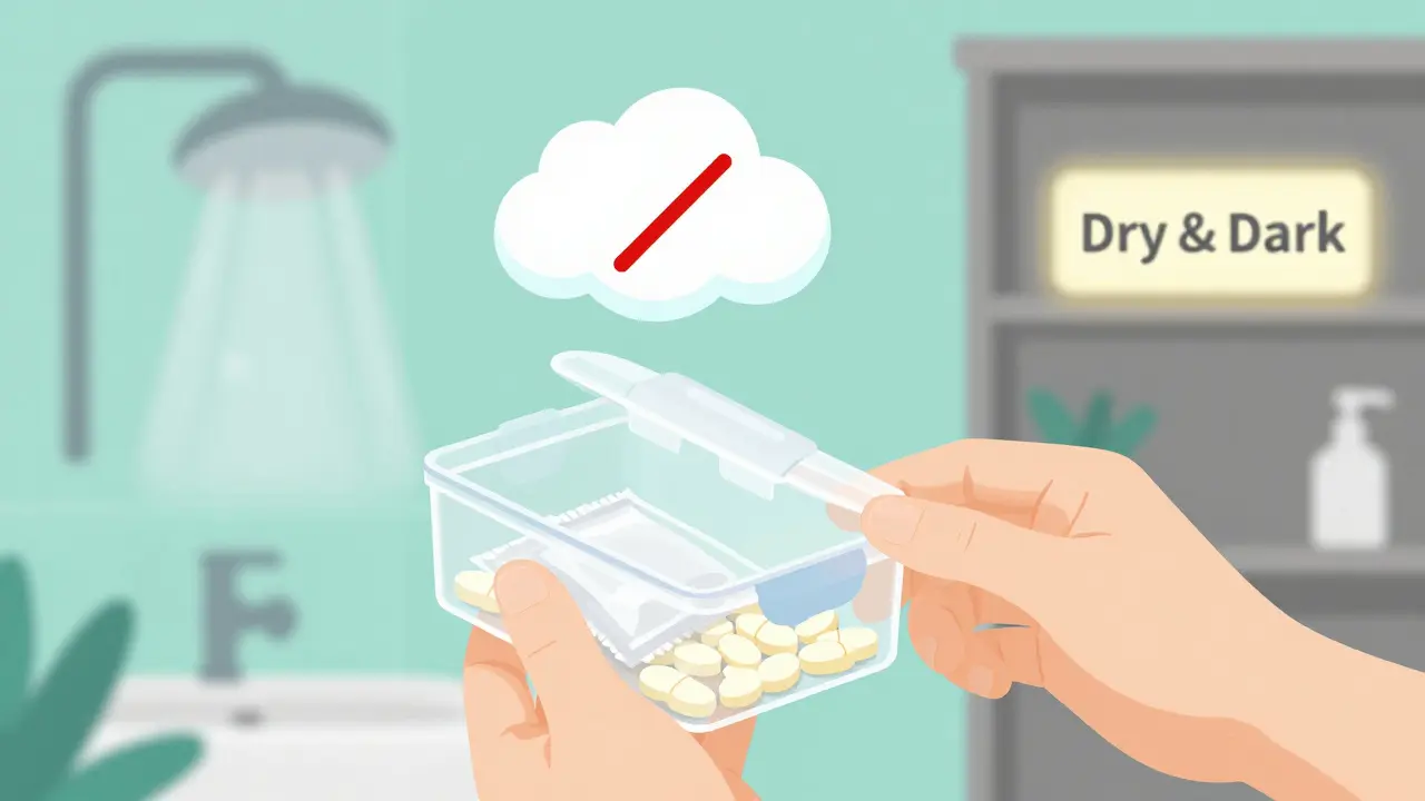 Persona guardando pastillas en un organizador hermético con desecante, lejos del baño.