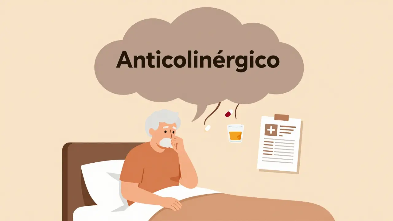 Persona mayor confundida con una nube oscura que representa los efectos secundarios del medicamento.