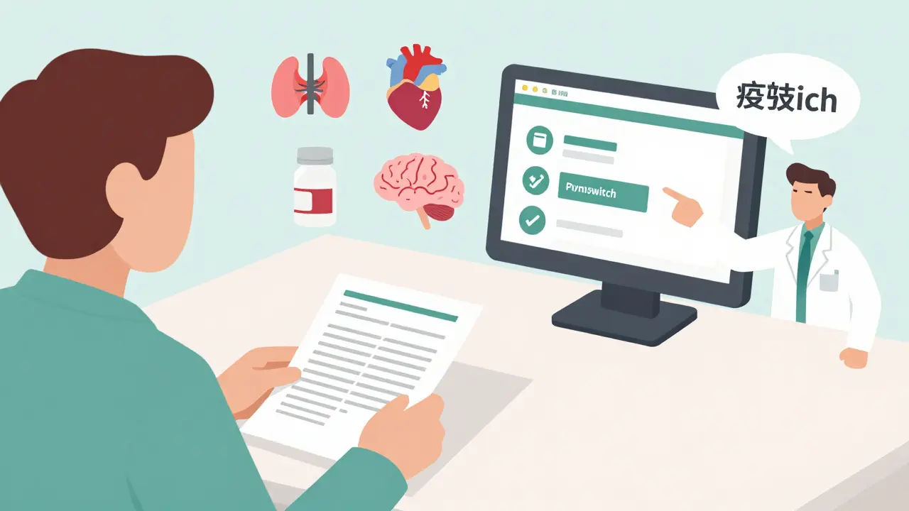 Persona revisa lista de medicamentos con farmacéutico que muestra una alerta de cambio en pantalla.